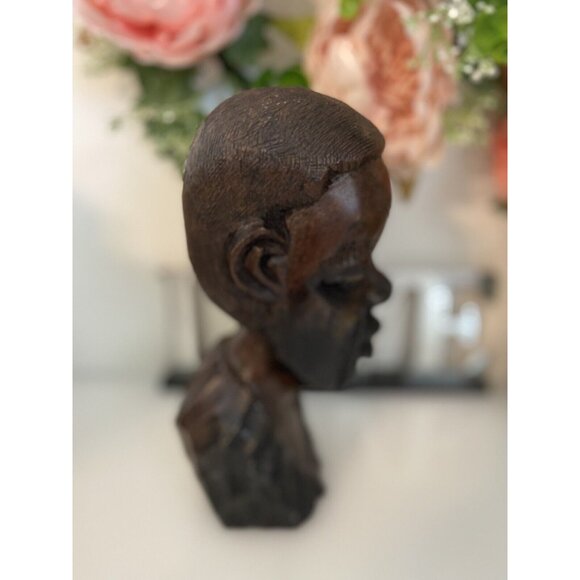 Vintage 1960s Tribal Man Hand Carved African Male Exotic Wood 8" Head Bust Stump - Picture 14 of 16